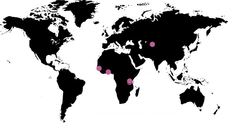 World Map in black with pink tags